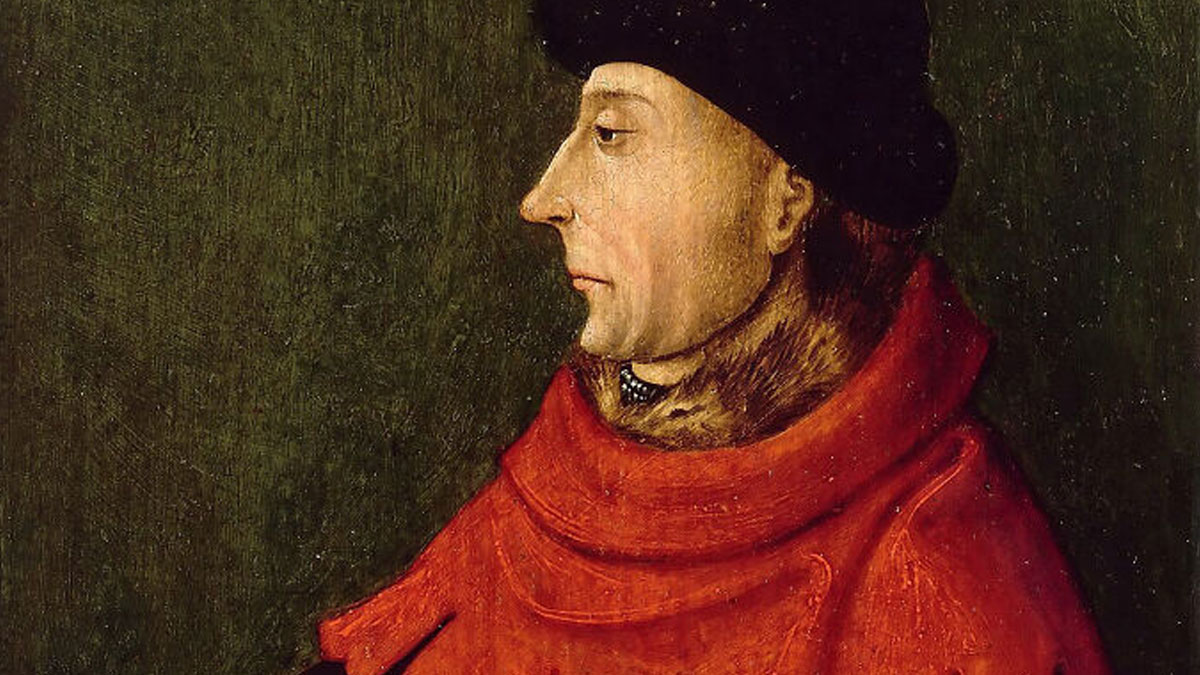 Portrait of a medieval man wearing a red robe and black hat, illustrating medieval history enthusiasts' passion.
