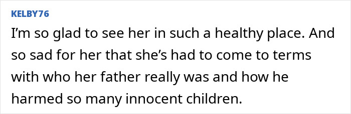 Comment expressing sadness about Michael Jackson's daughter Paris coming to terms with her father's alleged victims. Comment expressing sadness about Michael Jackson's daughter Paris coming to terms with her father's alleged victims.