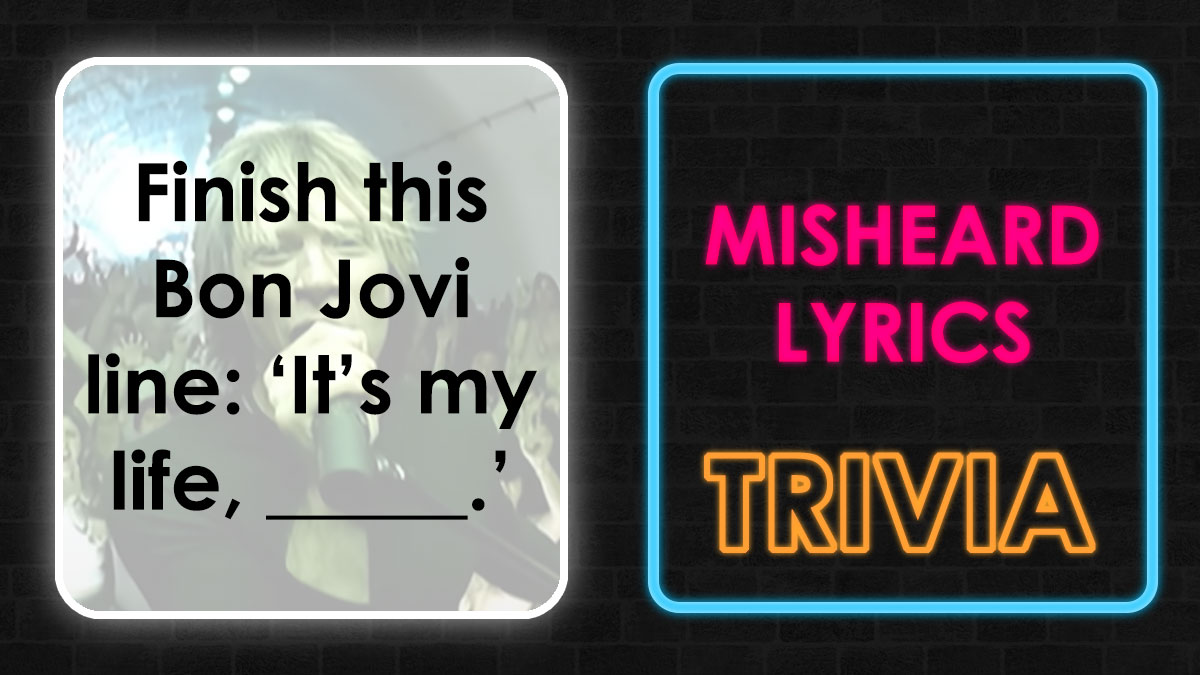 Bon Jovi performing with text challenging viewers to finish the lyrics in a misheard lyrics trivia game.