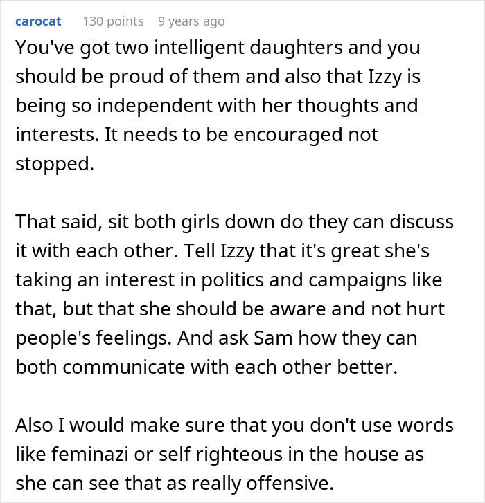 Comment advising a mom on handling her feelings about liking one daughter more, focusing on communication and understanding.