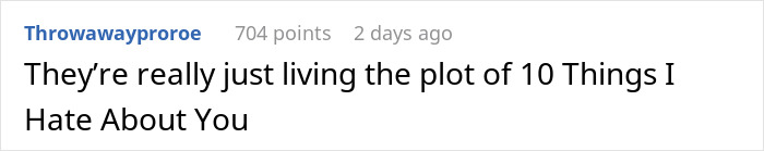Comment on a social media post expressing how the situation mirrors the plot of 10 Things I Hate About You, highlighting mom admits liking one daughter more than the other. Comment on a social media post expressing how the situation mirrors the plot of 10 Things I Hate About You, highlighting mom admits liking one daughter more than the other.