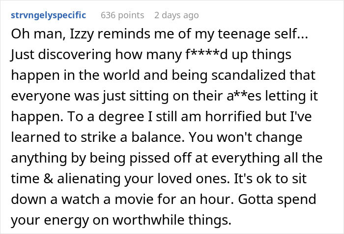 Comment text from strvngelyspecific reflecting on personal growth and balance, related to a mom admitting she likes one daughter more than the other. Comment text from strvngelyspecific reflecting on personal growth and balance, related to a mom admitting she likes one daughter more than the other.