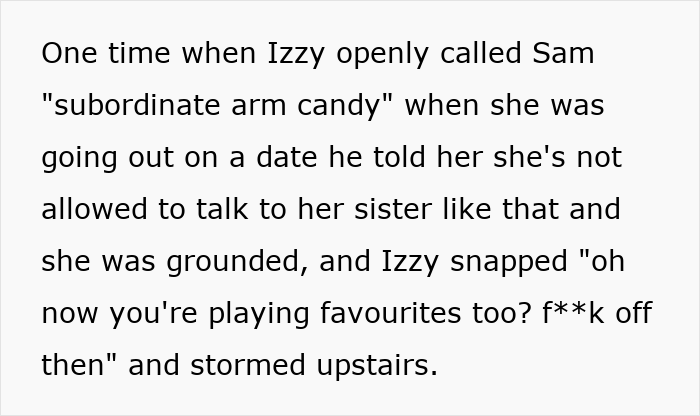 Text excerpt showing a mom admitting she struggles to hide liking one daughter more than the other, causing sibling conflict.