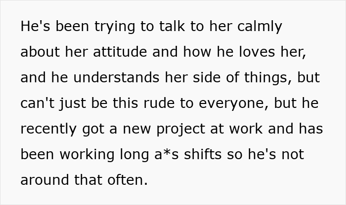 Text excerpt discussing a man addressing his partner’s attitude while managing work stress and long shifts.