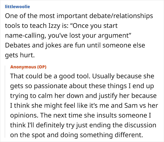 Text conversation about teaching a daughter debate skills and a mom admitting she likes one daughter more than the other. Text conversation about teaching a daughter debate skills and a mom admitting she likes one daughter more than the other.