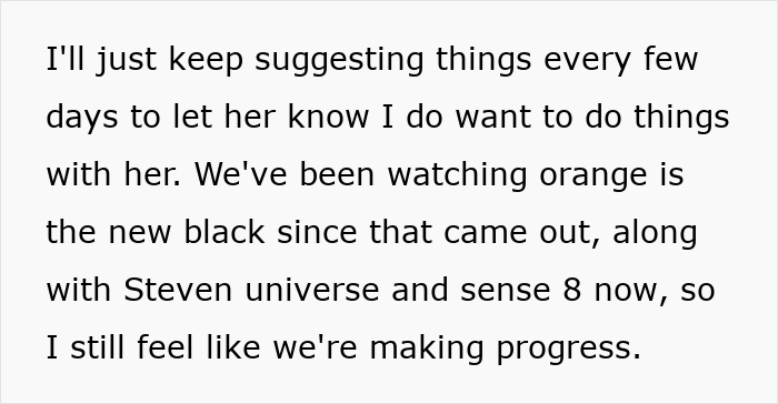 Text excerpt showing a mom admitting she likes one daughter more than the other while trying to connect and make progress with her. Text excerpt showing a mom admitting she likes one daughter more than the other while trying to connect and make progress with her.