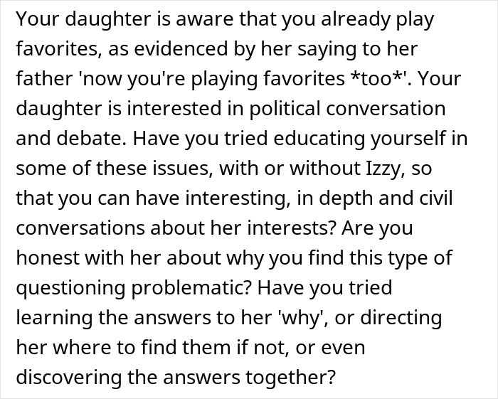 Text discussing a mom admitting she likes one daughter more and struggling to hide favoritism between her children. Text discussing a mom admitting she likes one daughter more and struggling to hide favoritism between her children.