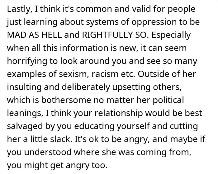 Text excerpt discussing common reactions to learning about oppression, sexism, and racism, relating to mom admits she likes one daughter more than the other. Text excerpt discussing common reactions to learning about oppression, sexism, and racism, relating to mom admits she likes one daughter more than the other.