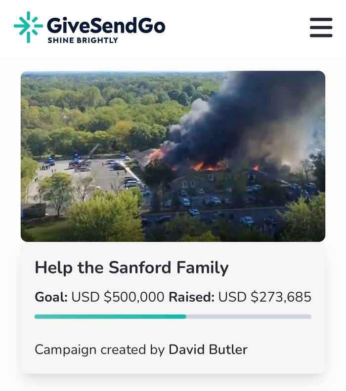 GiveSendGo fundraising page showing a Michigan church fire with a goal to raise 500k for the attacker’s family. GiveSendGo fundraising page showing a Michigan church fire with a goal to raise 500k for the attacker’s family.