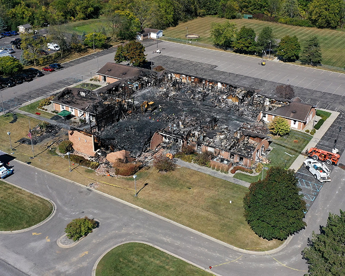 Aerial view of a burned Michigan church damaged in attack as Mormons raise funds for the incident recovery efforts. Aerial view of a burned Michigan church damaged in attack as Mormons raise funds for the incident recovery efforts.
