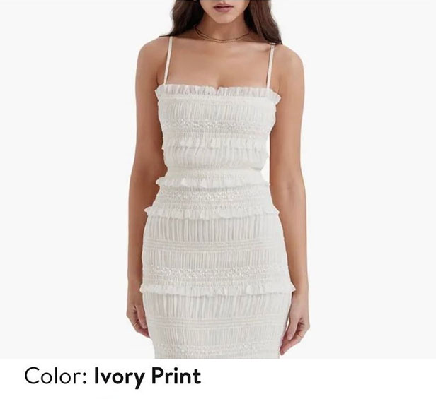 Woman wearing a long white dress with thin straps in ivory print, relevant to bride and cousin wedding dress controversy. Woman wearing a long white dress with thin straps in ivory print, relevant to bride and cousin wedding dress controversy.