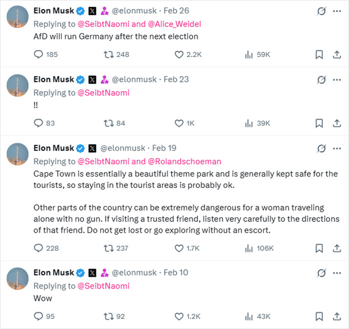 Elon Musk tweets encouraging German activist known as Anti-Greta seeking asylum in the US displayed on a screen.