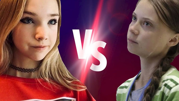 German activist known as Anti-Greta on left facing Greta Thunberg on right with versus sign between them in digital background