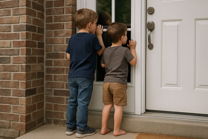 Two young boys peeking through a front door window, illustrating neighbor blame over privacy and kids looking inside. Two young boys peeking through a front door window, illustrating neighbor blame over privacy and kids looking inside.