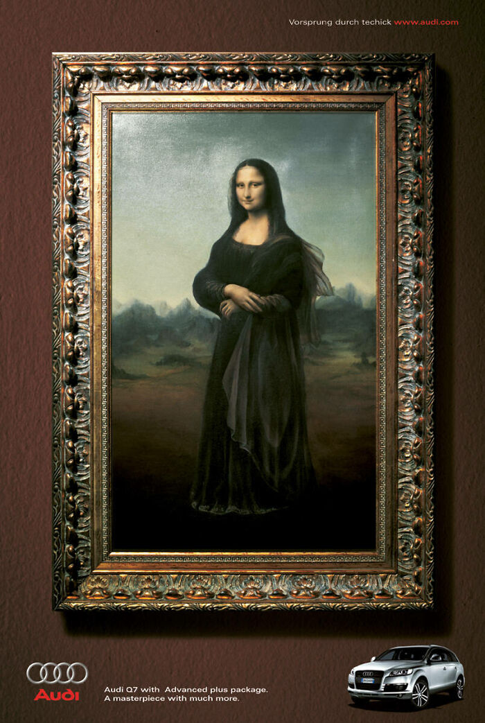 Mona Lisa painting featured in a creative Audi ad campaign showcasing the iconic artwork with a luxury car.