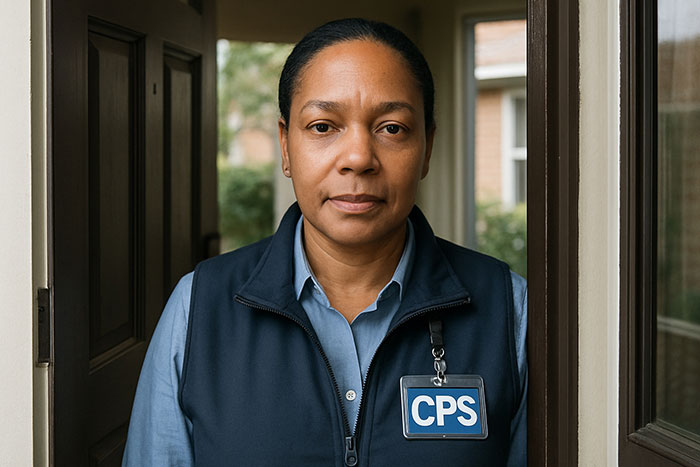 Child Protective Services worker at the door investigating a case involving toxic in-laws and a newborn infant dispute. Child Protective Services worker at the door investigating a case involving toxic in-laws and a newborn infant dispute.