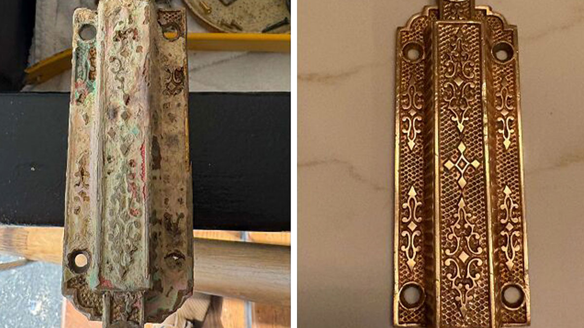 Before and after restoration of a decorative metal latch, showcasing landlord special restoration to original glory.