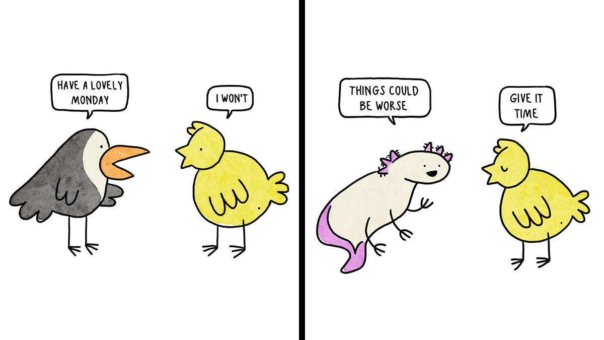 Depression Chicken comics show a yellow chicken using dark humor to express anxiety and pessimism in simple drawings.