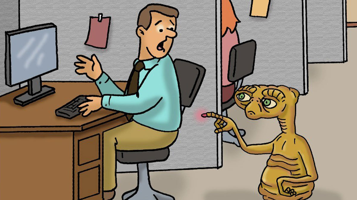 Cartoon of a man startled by an alien touching his back with a glowing finger in a witty one-panel comic about pop culture.