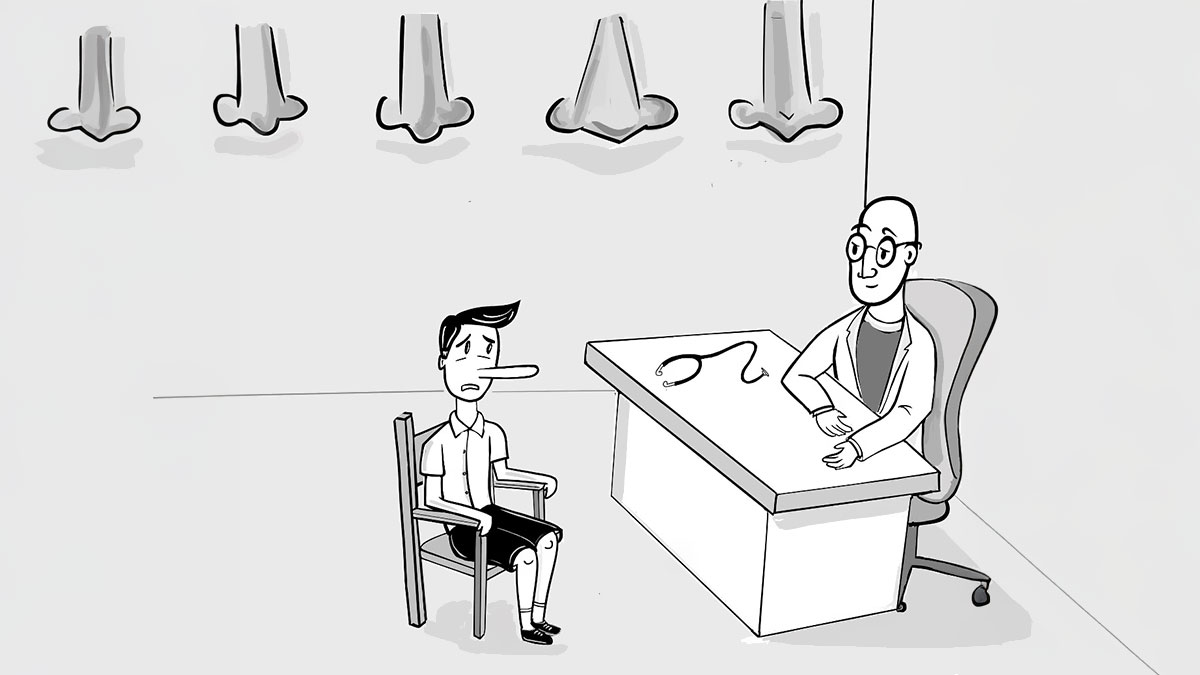Cartoon patient with a long nose talking to a doctor in a one-panel comic about humor in todayu2019s world.