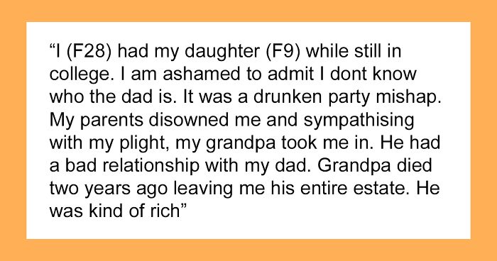 Text excerpt explaining a woman who inherited her grandpa's estate after being disowned by her parents.