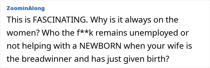 Commenter discussing challenges women face when partners are unemployed or not helping with newborn care at home. Commenter discussing challenges women face when partners are unemployed or not helping with newborn care at home.