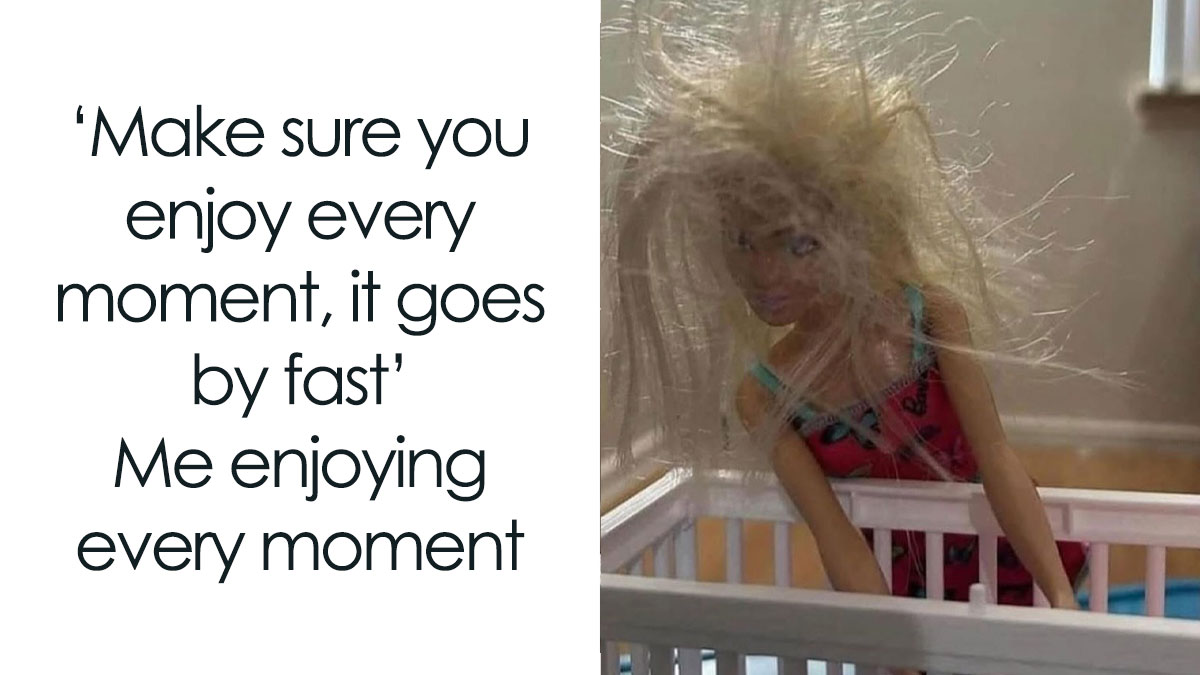 Tired doll with messy hair leaning over crib, humorously illustrating parenting chaos and lack of sleep.