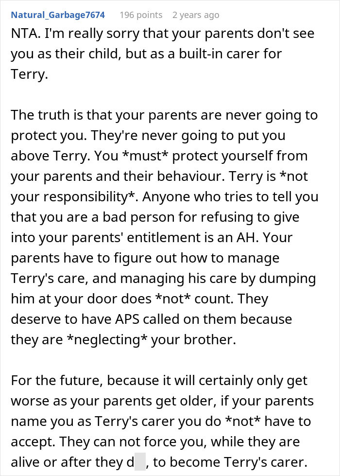 Screenshot of a Reddit comment discussing setting boundaries about disabled brother’s care and family responsibility issues. Screenshot of a Reddit comment discussing setting boundaries about disabled brother’s care and family responsibility issues.