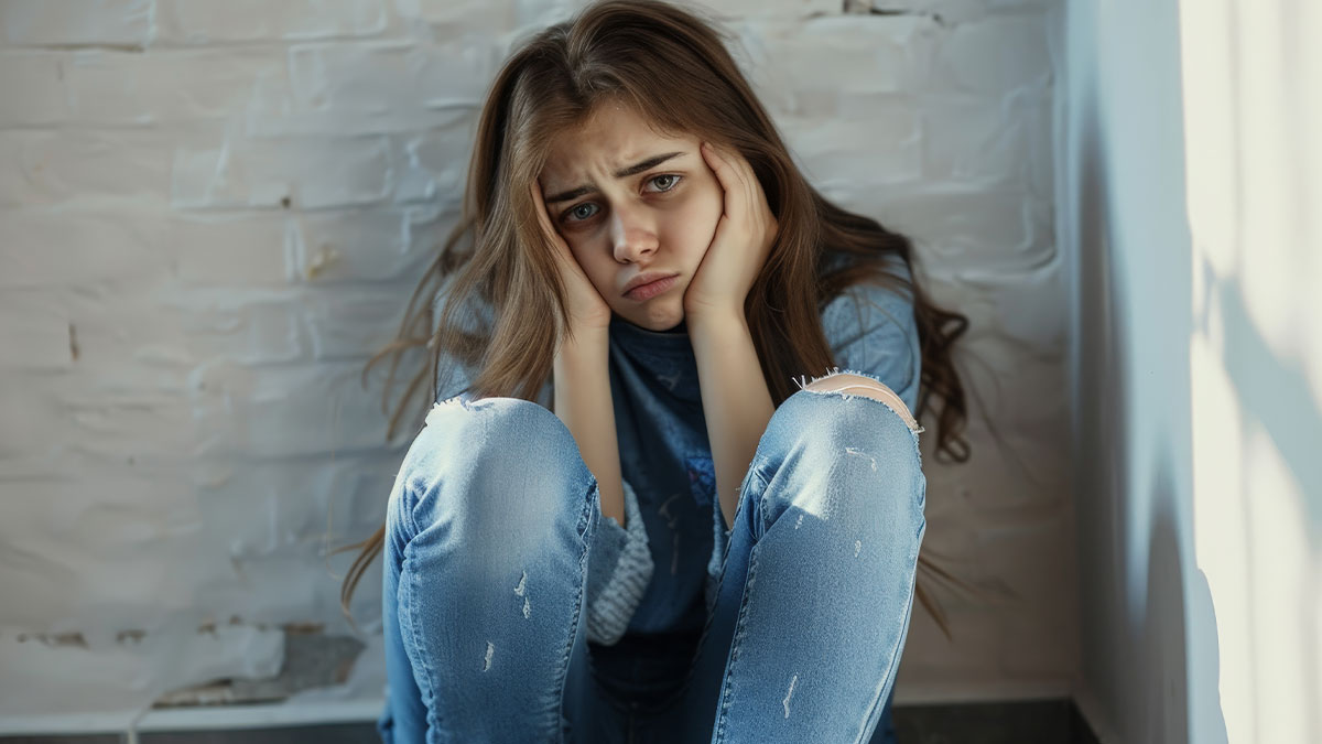 Sad teen girl sitting alone in distressed jeans, feeling abandoned and angry years after boarding school separation.