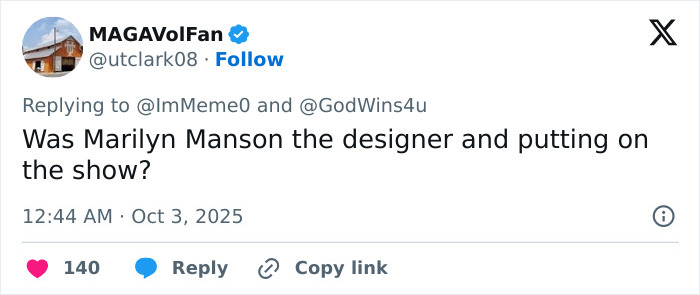 Tweet asking if Marilyn Manson was the designer behind the controversial Paris Fashion Week Hunger Games-inspired show. Tweet asking if Marilyn Manson was the designer behind the controversial Paris Fashion Week Hunger Games-inspired show.