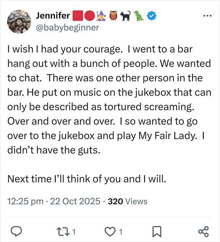 Tweet from user Jennifer sharing a story about courage and shutting down loud music with others joining in with their stories. Tweet from user Jennifer sharing a story about courage and shutting down loud music with others joining in with their stories.