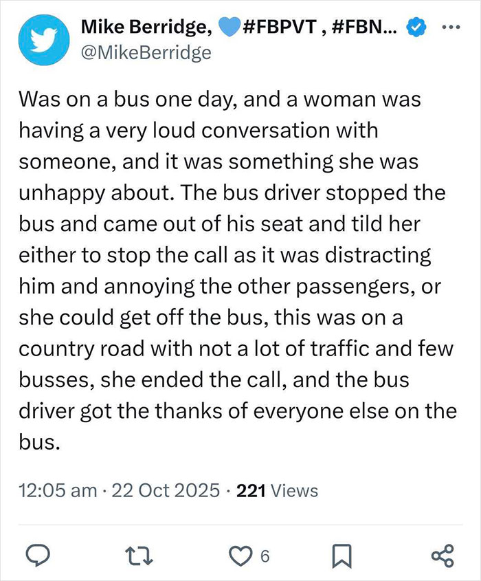 Tweet sharing a story about a bus driver shutting down a loud speakerphone user, sparking others to join in. Tweet sharing a story about a bus driver shutting down a loud speakerphone user, sparking others to join in.