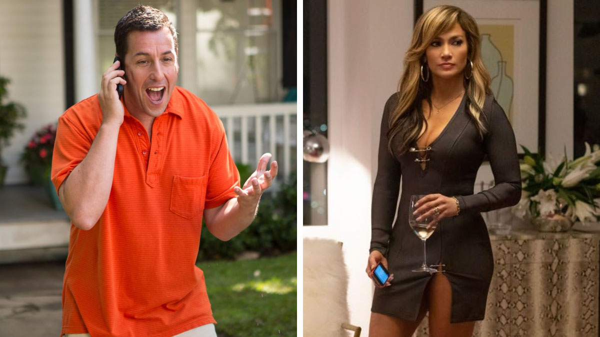 Man in orange shirt talking on phone outdoors and woman in black dress holding wine glass indoors, both representing celebrities.