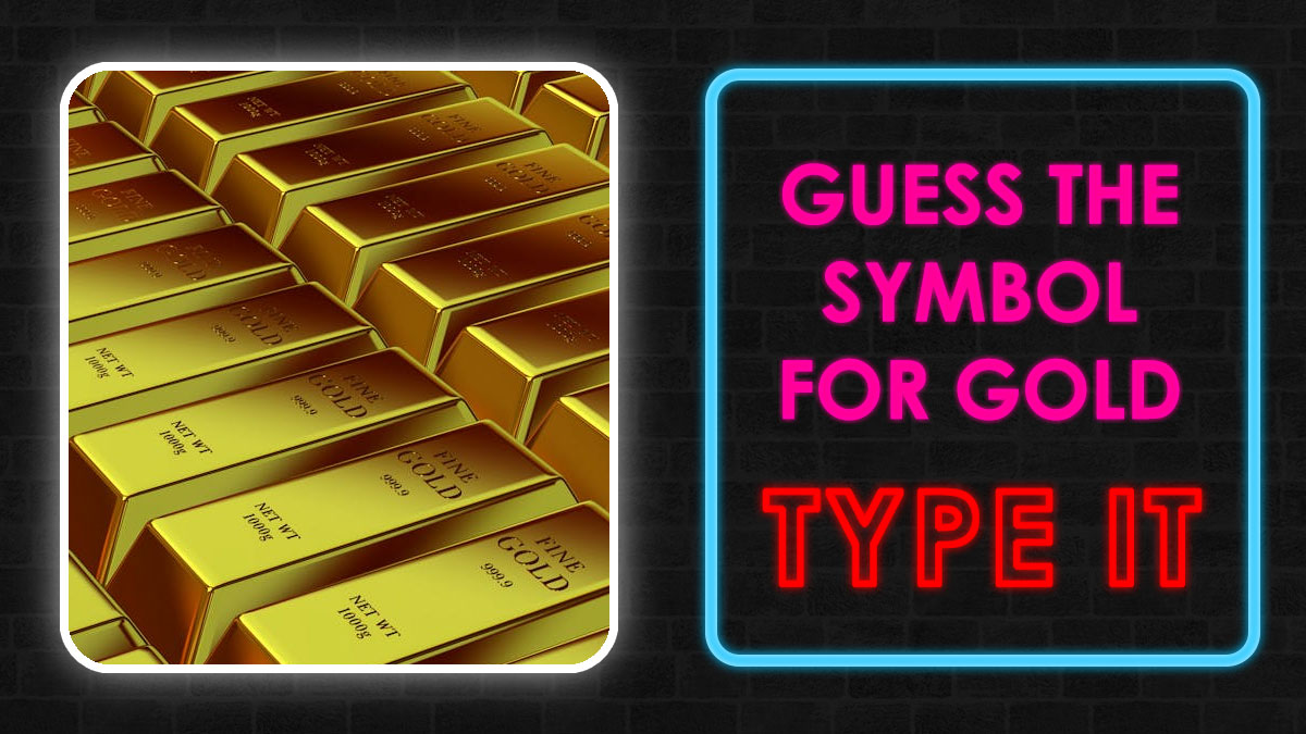 Stack of gold bars with text neon sign prompting to guess the chemical symbol for gold in chemistry knowledge quiz.