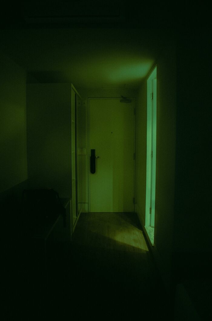 Dimly lit home interior with eerie green light highlighting a closed door and narrow hallway, evoking weird workers' home experiences.