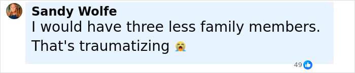 Screenshot of a Facebook comment by Sandy Wolfe reacting to a disturbing doorbell prank with a staggering twist. Screenshot of a Facebook comment by Sandy Wolfe reacting to a disturbing doorbell prank with a staggering twist.