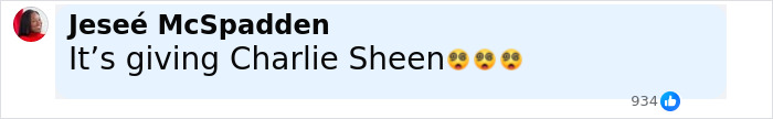 Screenshot of a social media comment by Jeseé McSpadden saying It’s giving Charlie Sheen with surprised face emojis. Screenshot of a social media comment by Jeseé McSpadden saying It’s giving Charlie Sheen with surprised face emojis.
