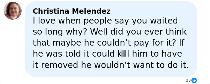 Comment by a user named Christina Melendez discussing reasons for delayed treatment of a man with a 4-lb face tumor. Comment by a user named Christina Melendez discussing reasons for delayed treatment of a man with a 4-lb face tumor.