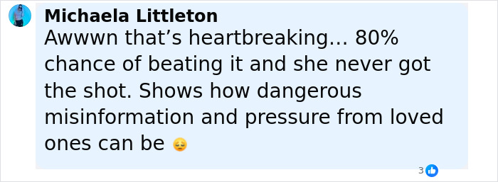 Comment by Michaela Littleton expressing heartbreak over misinformation and pressure influencing refusal of chemo treatment. Comment by Michaela Littleton expressing heartbreak over misinformation and pressure influencing refusal of chemo treatment.