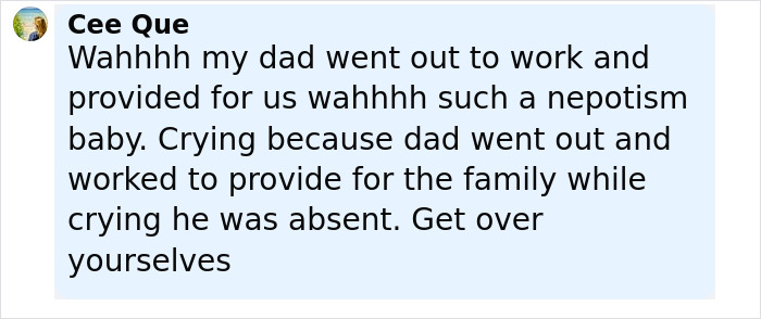 Text message criticizing nepotism baby for complaining about absent father while working to provide, referencing parenting mistakes. Text message criticizing nepotism baby for complaining about absent father while working to provide, referencing parenting mistakes.