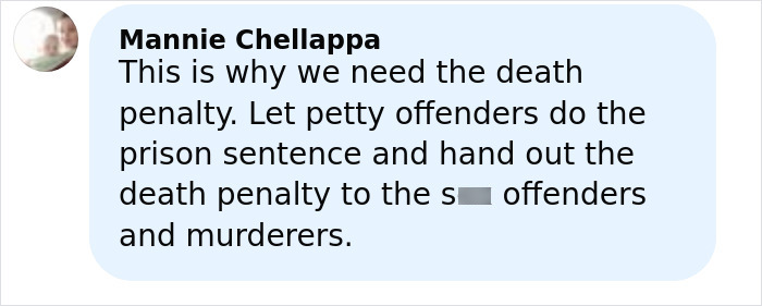 Comment advocating for the death penalty for offenders and murderers, expressing frustration over justice. Comment advocating for the death penalty for offenders and murderers, expressing frustration over justice.