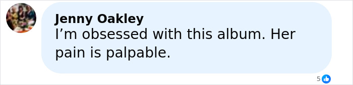 Alt text: Comment by Jenny Oakley expressing obsession with Lily Allen's brutal album and acknowledging her palpable pain. Alt text: Comment by Jenny Oakley expressing obsession with Lily Allen's brutal album and acknowledging her palpable pain.