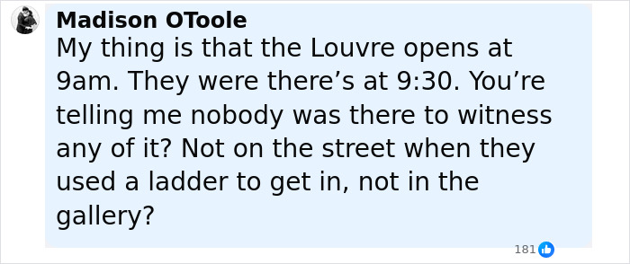 Comment by Madison OToole questioning the absence of witnesses during the Louvre robbery by notorious jewel thieves. Comment by Madison OToole questioning the absence of witnesses during the Louvre robbery by notorious jewel thieves.