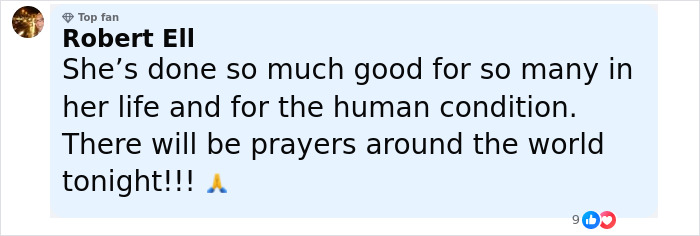 Comment from Robert Ell expressing support and prayers for Dolly Parton amid health struggles. Comment from Robert Ell expressing support and prayers for Dolly Parton amid health struggles.