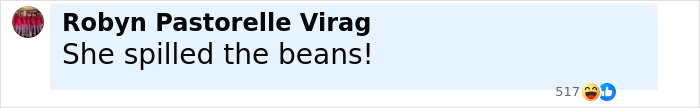 Comment on social media post saying she spilled the beans with laughing and like reactions count. Comment on social media post saying she spilled the beans with laughing and like reactions count.