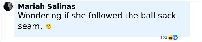 Comment on social media by Mariah Salinas questioning if she followed the ball sack seam, showing emojis and reactions. Comment on social media by Mariah Salinas questioning if she followed the ball sack seam, showing emojis and reactions.