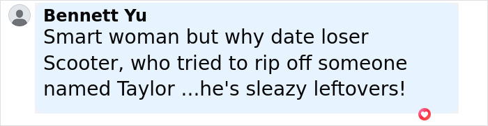 Comment criticizing Scooter as a loser and sleazy leftovers, shared by Bennett Yu in a social media post. Comment criticizing Scooter as a loser and sleazy leftovers, shared by Bennett Yu in a social media post.