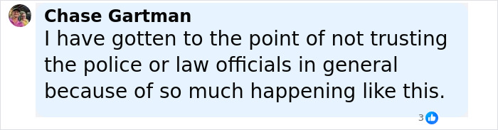 Comment by Chase Gartman about distrust in police and law officials, related to a leaked video involving an 18-year-old dispatcher. Comment by Chase Gartman about distrust in police and law officials, related to a leaked video involving an 18-year-old dispatcher.