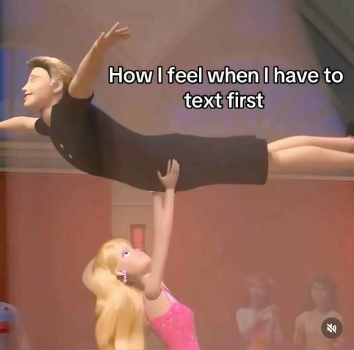 Animated characters performing a dance lift with funny text about texting first, featuring unhinged memes and evil thoughts humor.