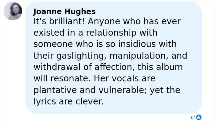 Screenshot of a social media comment praising Lily Allen’s brutal album about David Harbour, highlighting vocals and lyrics. Screenshot of a social media comment praising Lily Allen’s brutal album about David Harbour, highlighting vocals and lyrics.